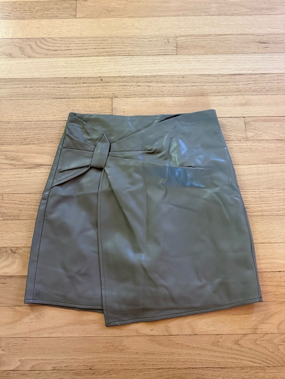 Not for sale-Paper Crane Olive Green Faux Leather Mini Skirt with Front Knot